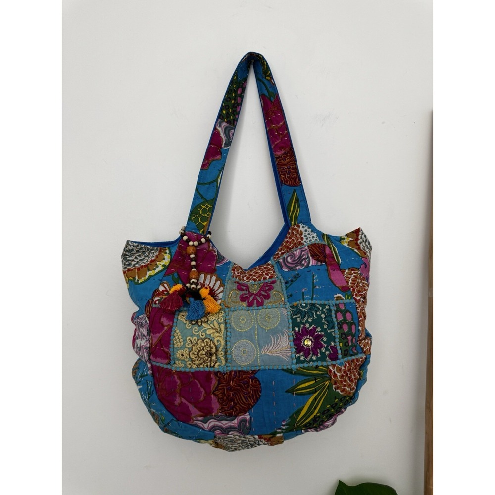 Tribe Azure Boho Patchwork Oversized Tote Bag Blue Handcrafted Embroidered